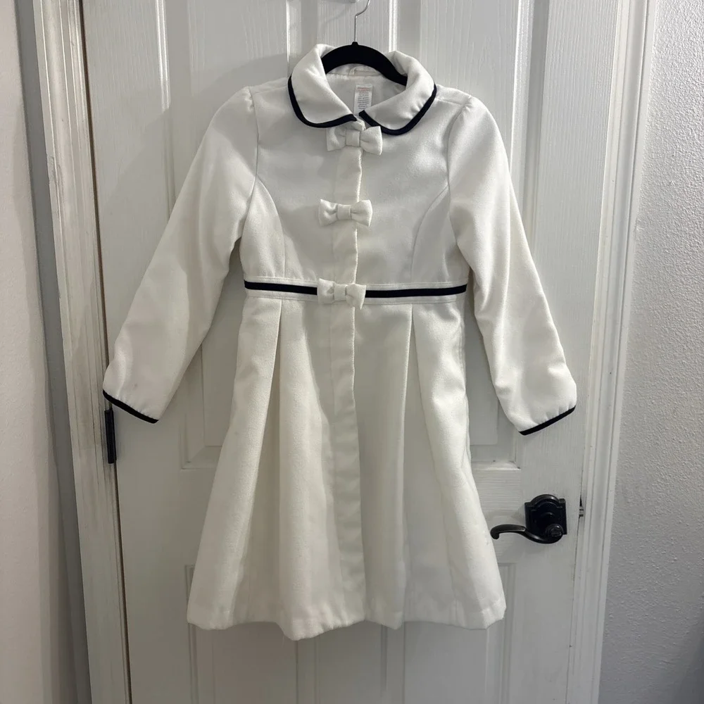 Vtg Gymboree 2013  Girl's Long Sleeve Bow Buttons Ivory Black Long Coat L 10-12